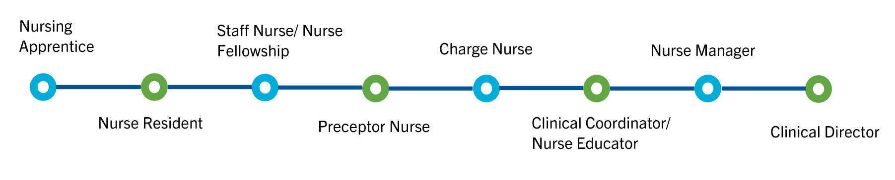 Career path shows a list of jobs that someone could get by getting promotions at this company: 1.Nursing Apprentice 2.Nurse Resident 3.Staff Nurse/ Nurse Fellowship 4.Preceptor Nurse 5.Charge Nurse 6.Clinical Coordinator/Nurse Educator 7.Nurse Manager 8.Clinical Director